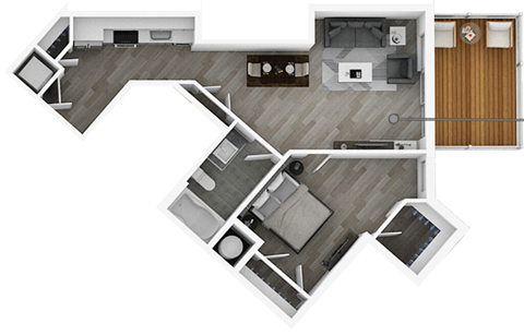 A top down view of a house layout with a kitchen, living room, and two bedrooms.